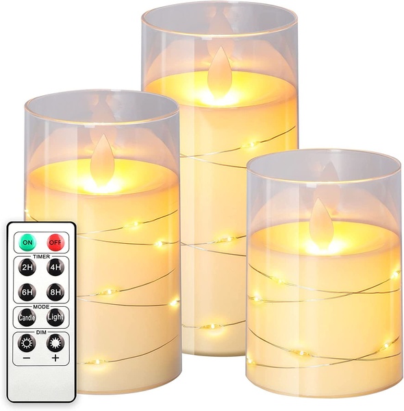 Bilymate Ivory LED Flameless Candles with Flashing led String and Battery Operated Embedded String Light  with Remote Control and Timer, Set of 3,lightning deal,free shipping cost