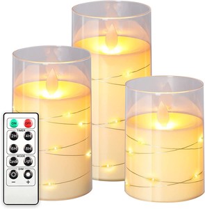 Bilymate Ivory LED Flameless Candles with Flashing led String and Battery Operated Embedded String Light  with Remote Control and Timer, Set of 3,lightning deal,free shipping cost