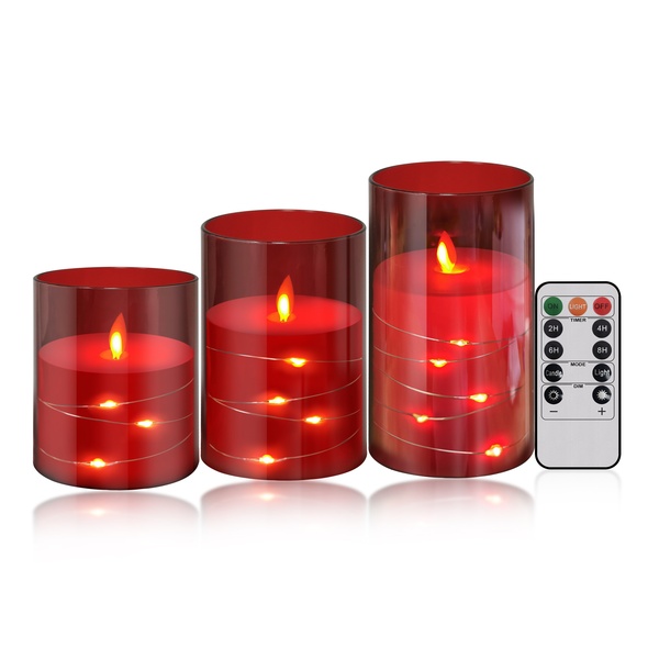 Bilymate Red LED Flameless Candles with Flickering String Lights with Remote Control and Timer, Set of 3,lightning deal,free shipping cost